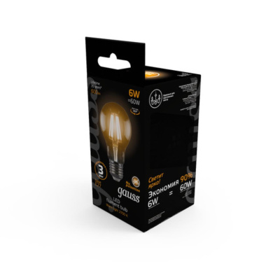 102802106 Лампа Gauss LED Filament A60 E27 6W 600lm 2700К 1/10/40