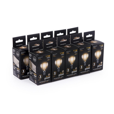 105801111 Лампа Gauss Filament Шар 11W 720lm 2700К Е14 LED 1/10/50