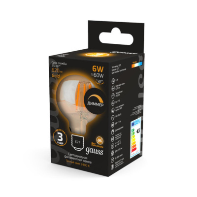105802006-D Лампа Gauss Filament G95 6W 620lm 2400К Е27 golden диммируемая LED 1/20