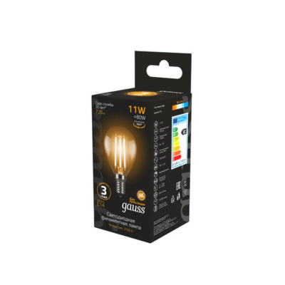 105801111 Лампа Gauss Filament Шар 11W 720lm 2700К Е14 LED 1/10/50