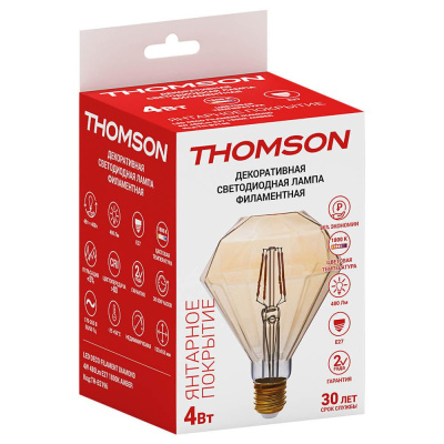 Лампа светодиодная филаментная Thomson E27 4W 1800K бриллиант прозрачная TH-B2196