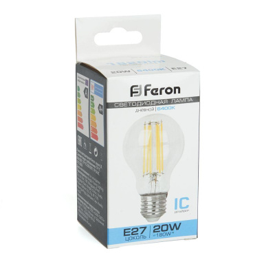 Лампа светодиодная филаментная Feron E27 20W 6400K прозрачная LB-620 48285