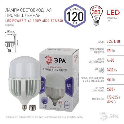 Лампа светодиодная сверхмощная ЭРА E27/E40 120W 6500K матовая LED POWER T160-120W-6500-E27/E40 Б0051794