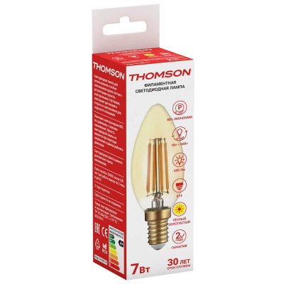 Лампа светодиодная филаментная Thomson E14 7W 2400K свеча прозрачная TH-B2114