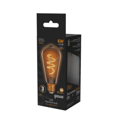 157802006 Лампа Gauss Filament ST64 6W 360lm 2400К Е27 golden flexible LED 1/10/40