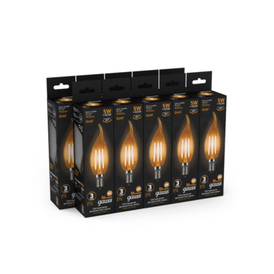 104801005 Лампа Gauss LED Filament Свеча на ветру E14 5W 400lm 2700K Golden 1/10/50