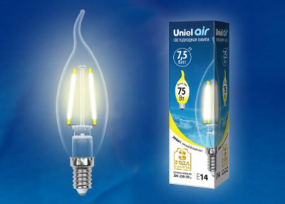Лампа светодиодная филаментная Uniel E14 7,5W 3000K прозрачная LED-CW35-7,5W/WW/E14/CL GLA01TR UL-00003248