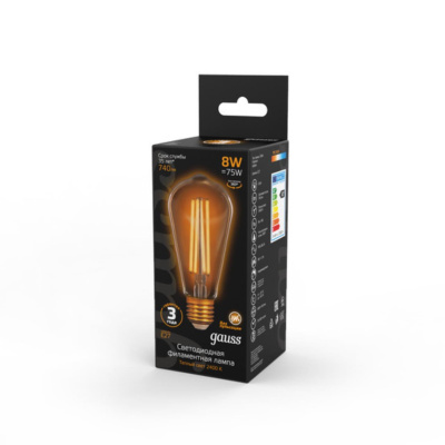 157802008 Лампа Gauss LED Filament ST64 E27 8W Golden 740lm 2400К 1/10/40