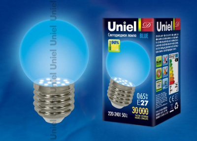 Лампа светодиодная Uniel E27 0,65W Blue синий LED-G45-0,65W/BLUE/E27 04423