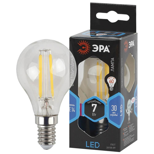 Лампа светодиодная филаментная ЭРА E14 7W 4000K прозрачная F-LED P45-7W-840-E14 Б0049891