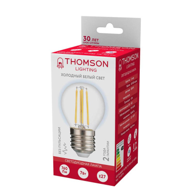 Лампа светодиодная филаментная Thomson E27 7W 6500K шар прозрачная TH-B2374