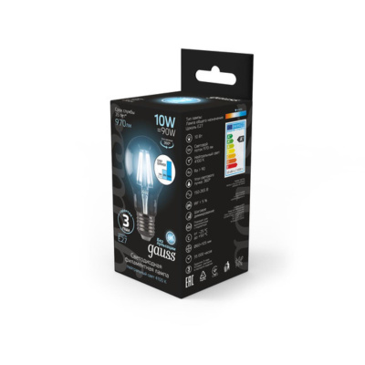 102802210-S Лампа Gauss Filament А60 10W 970lm 4100К Е27 шаг. диммирование LED 1/10/40