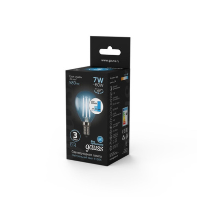 105801207-S Лампа Gauss Filament Шар 7W 580lm 4100К Е14 шаг. диммирование LED 1/10/50
