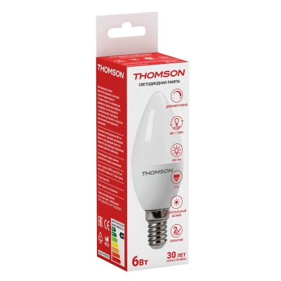 Лампа светодиодная диммируемая Thomson E14 6W 4000K свеча матовая TH-B2152