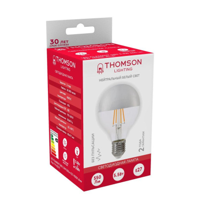 Лампа светодиодная филаментная Thomson E27 5,5W 4500K шар прозрачная TH-B2377
