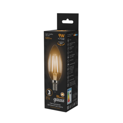 103801109 Лампа Gauss LED Filament Свеча E14 9W 680lm 2700К 1/10/50