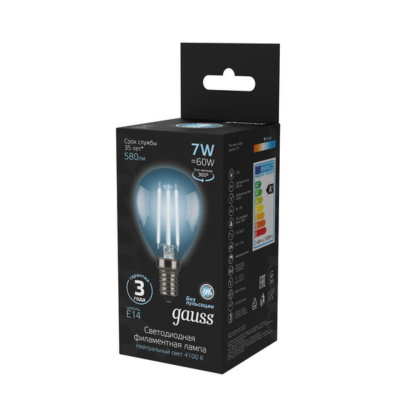 105801207 Лампа Gauss LED Filament Шар E14 7W 580lm 4100K 1/10/50