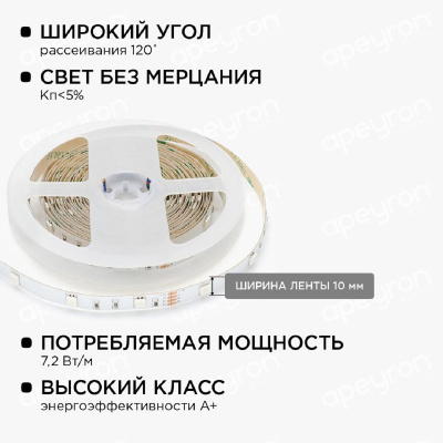 Светодиодная лента Apeyron 7,2W/m 30LED/m 3528SMD разноцветная 5M 10-47