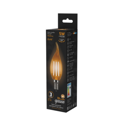104801005 Лампа Gauss LED Filament Свеча на ветру E14 5W 400lm 2700K Golden 1/10/50
