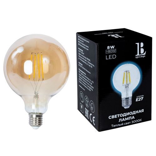 E27-8W-G125-3000K Лампа LED (Филамент) amber L&B