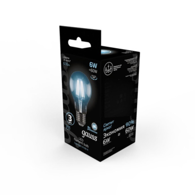 102802206 Лампа Gauss LED Filament A60 E27 6W 630lm 4100К 1/10/40