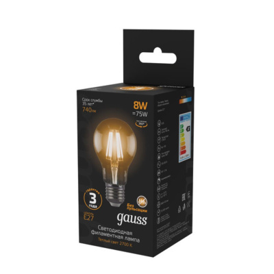 102802108 Лампа Gauss Filament А60 8W 740lm 2700К Е27 LED 1/10/40