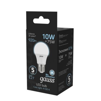 102502210 Лампа Gauss LED A60 10W E27 920lm 4100K 1/10/50