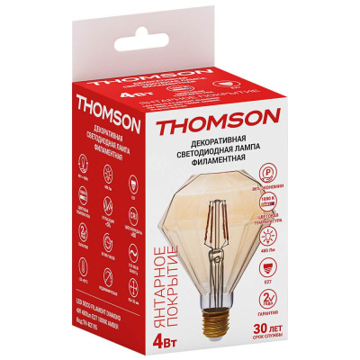Лампа светодиодная филаментная Thomson E27 4W 1800K бриллиант прозрачная TH-B2195