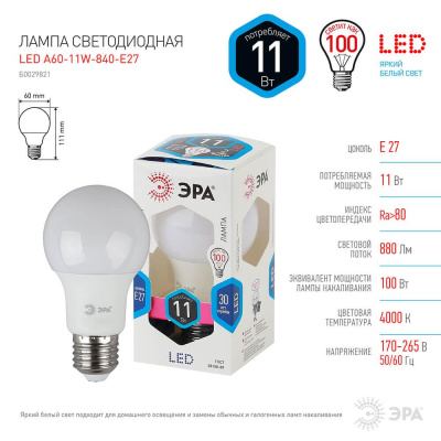 Лампа светодиодная ЭРА E27 11W 4000K матовая LED A60-11W-840-E27 Б0029821