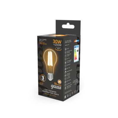 102902130 Лампа Gauss Filament А70 30W 3000lm 2700К Е27 LED 1/10/40
