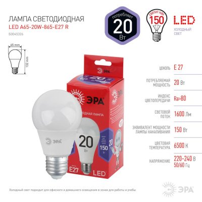 Лампа светодиодная ЭРА E27 20W 6500K матовая A65-20W-865-E27 R Б0045326