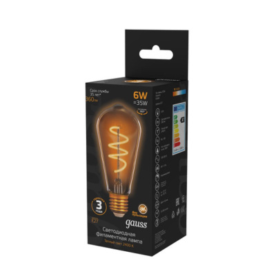 157802006 Лампа Gauss Filament ST64 6W 360lm 2400К Е27 golden flexible LED 1/10/40