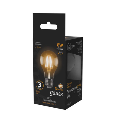 102802108 Лампа Gauss Filament А60 8W 740lm 2700К Е27 LED 1/10/40